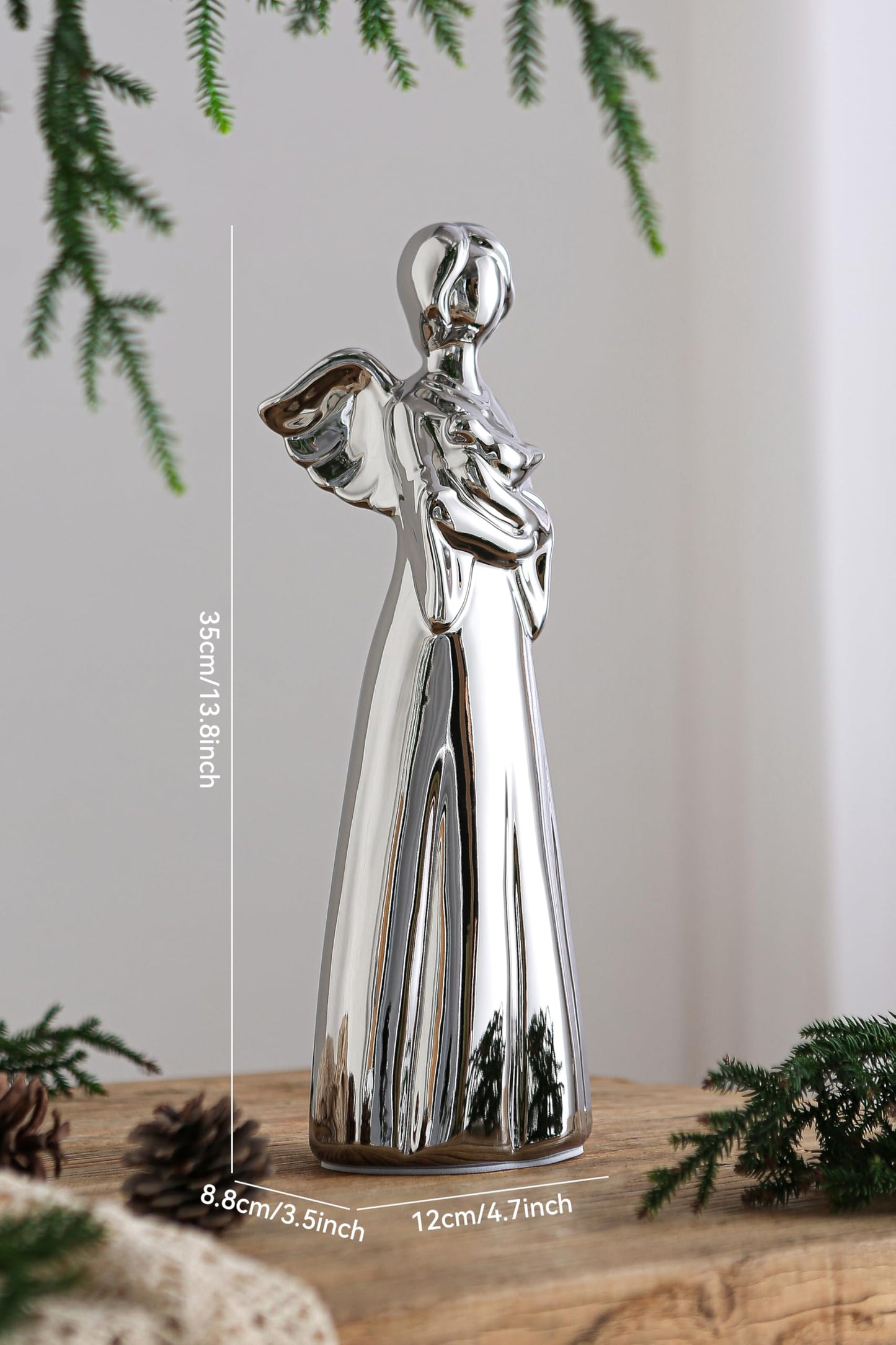 SURE YUESI for Mom from Daughter Son Kids- Statue Sculptures 13.8 Inch Ceramic Angel Figurine, Home Decor for Bedroom, Bathroom, Entryway, Bookshelf, Fireplace, TV Stand, Console Table- Silver