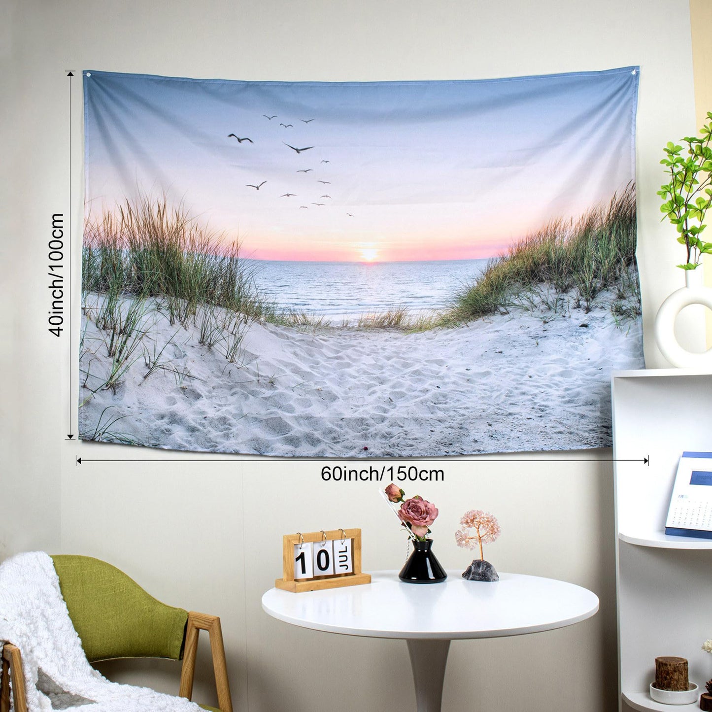 HVEST Ocean Beach Tapestry Wall Hanging, Sunset Seabird and Beach with Grass Wall Tapestry Natural Landscape Tapestries for Bedroom Living Room Dorm Decoration, 60x40 Inches