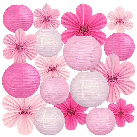 Pink Party Decorations, 18Pcs Hot Pink Hanging Paper Lanterns & Flower Fans 8"-14" for Girls Birthday, Bridal Shower, Wedding, Bachelorette, Girls Night, Graduation Party Decor