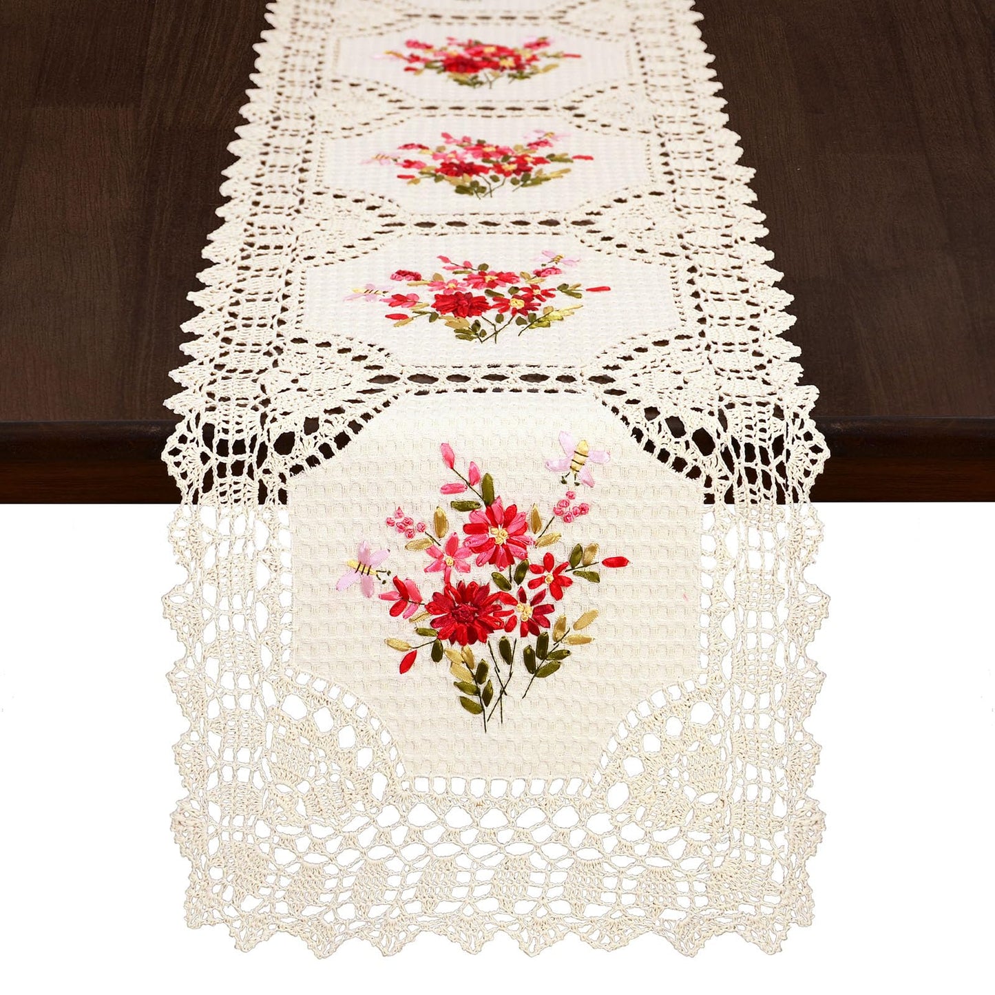 Grelucgo Handmade Crochet Table Runner with Floral Embroidery, Pink and Red (15 x 68 inches)