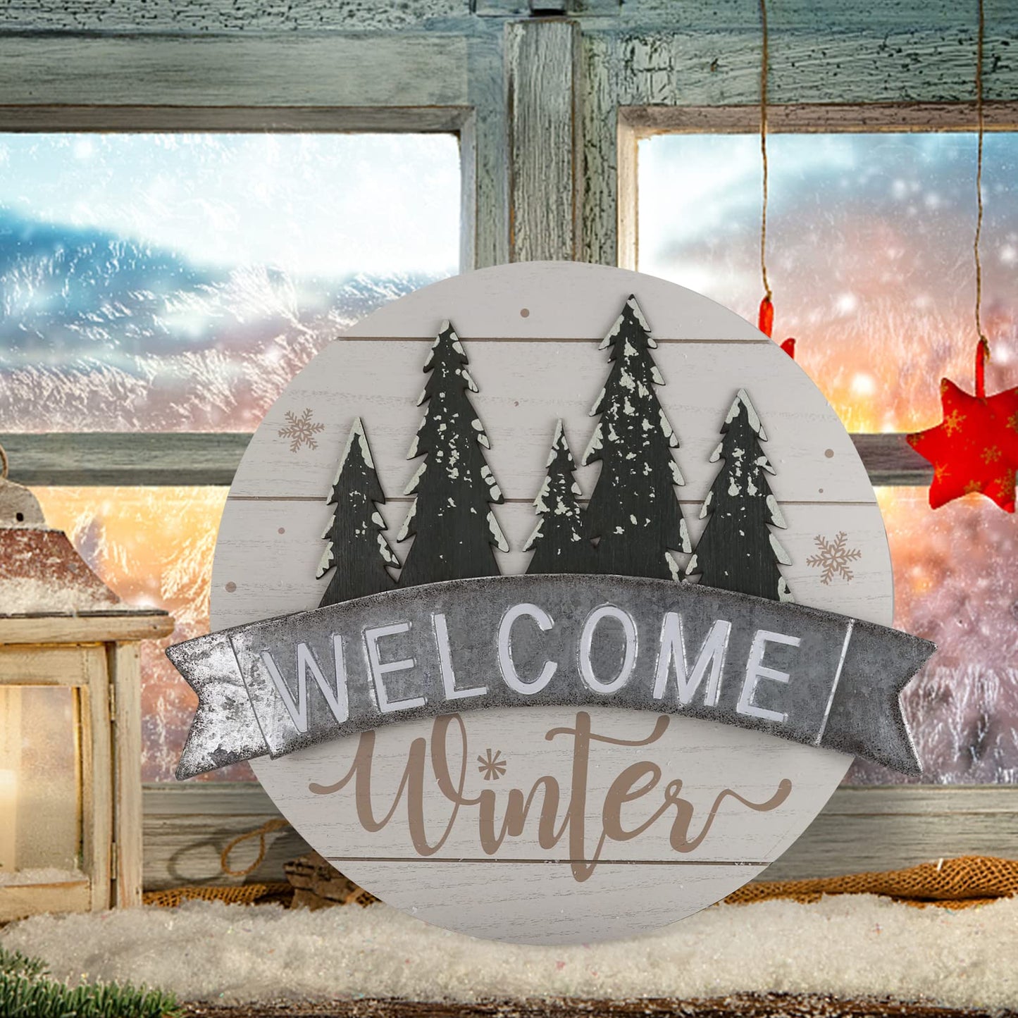 Sfozstra Winter Welcome Sign - Elegant Front Door Decorative Welcome Sign, Hangable Outdoor Decoration, Christmas & Thanksgiving Gift. Iron Door Hanging (White)