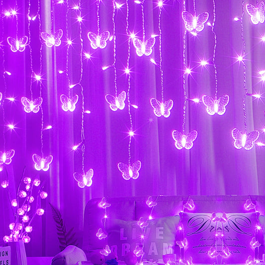 Purple Butterfly Curtain Fairy Lights USB Plug in,120 LED 8 Modes 20FT Firefly Twinkle Icicle String Lights with Remote Timer Waterproof for Halloween Bedroom Christmas Wedding Party Dorm