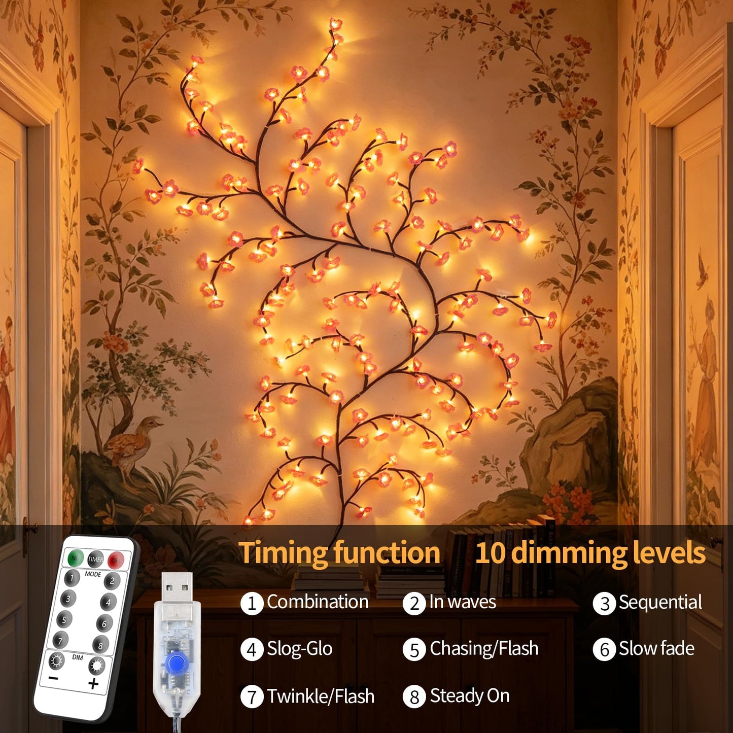 FNHMSL Cherry Enchanted Willow Vine Lights, 4FT 48LED Pink Cherry Blossom Tree Branch Lights for Wall, Remote Timer,8 Light Model,Bedroom Wall Doors Wedding, Christmas, USB Battery Box