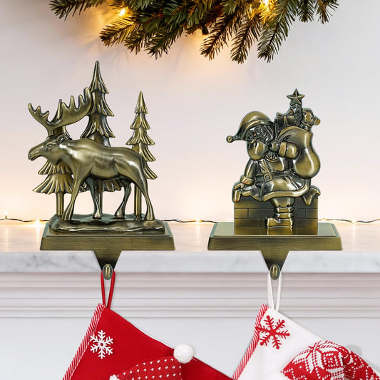 INNO STAGE Christmas Stocking Holders for Mantle Set of 2, Heavy Duty 3D Reindeer Xmas Tree Stocking Holders with Non-Slip Base, Stocking Hooks Hangers for Fireplace Shelf Table Festive Xmas Decor
