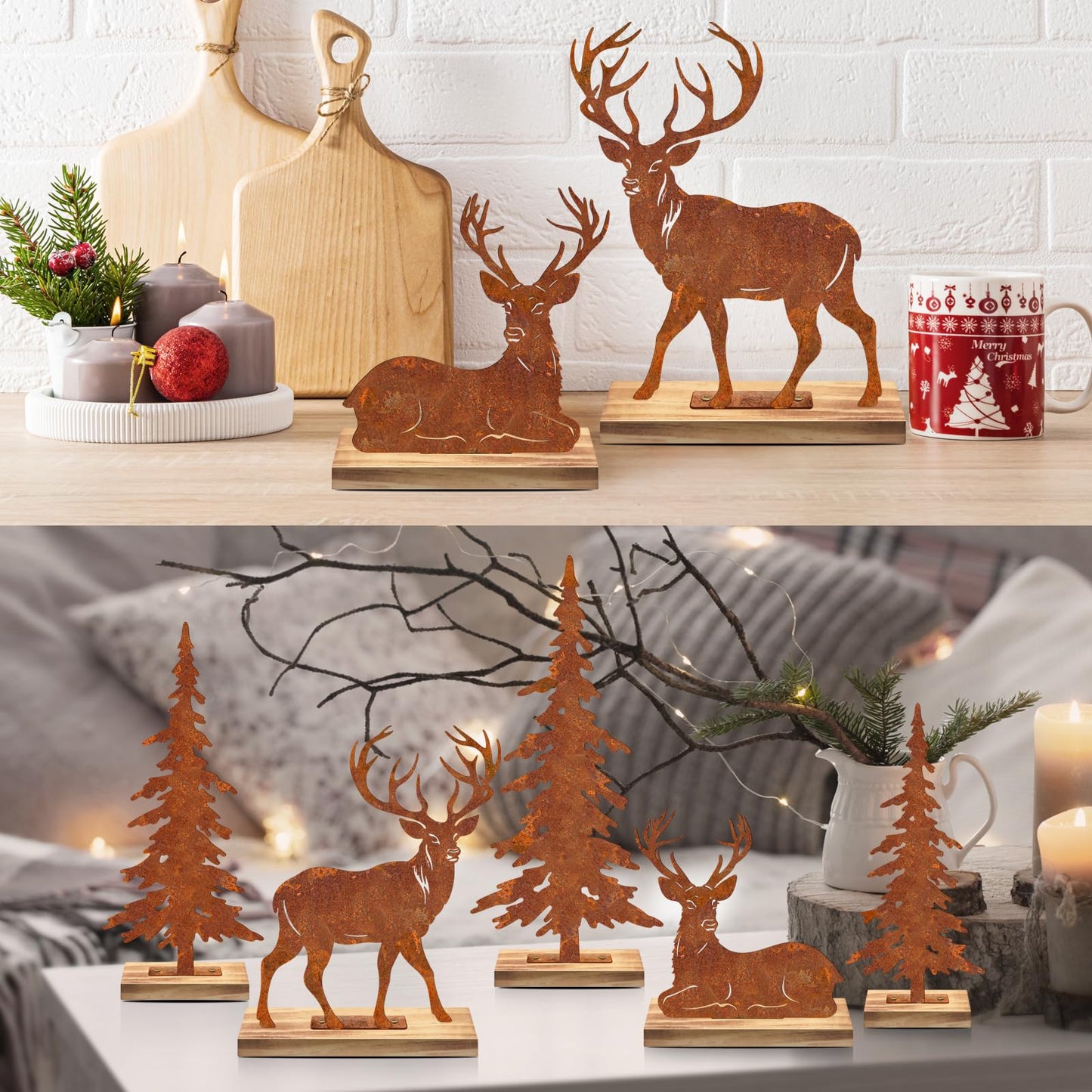 OULYDEKO Reindeer,Deer Christmas Mantel Decor,Primitive Rusti Farmhouse Cozy Christmas Decor,Reindeer Christmas Decor,Holiday Fireplace Table Decorations Metal Reindeer