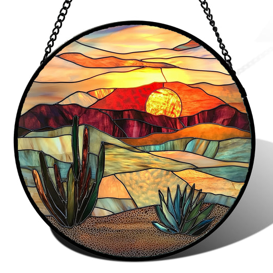 DASTOLL Stained Glass Window Hanging, Desert Scenery Lake Suncatcher for Doors Window Home Tan Tree Sun Catchers Decoration Mother's Day Birthday Gifts for Women, Men, and Mom 6.3 in
