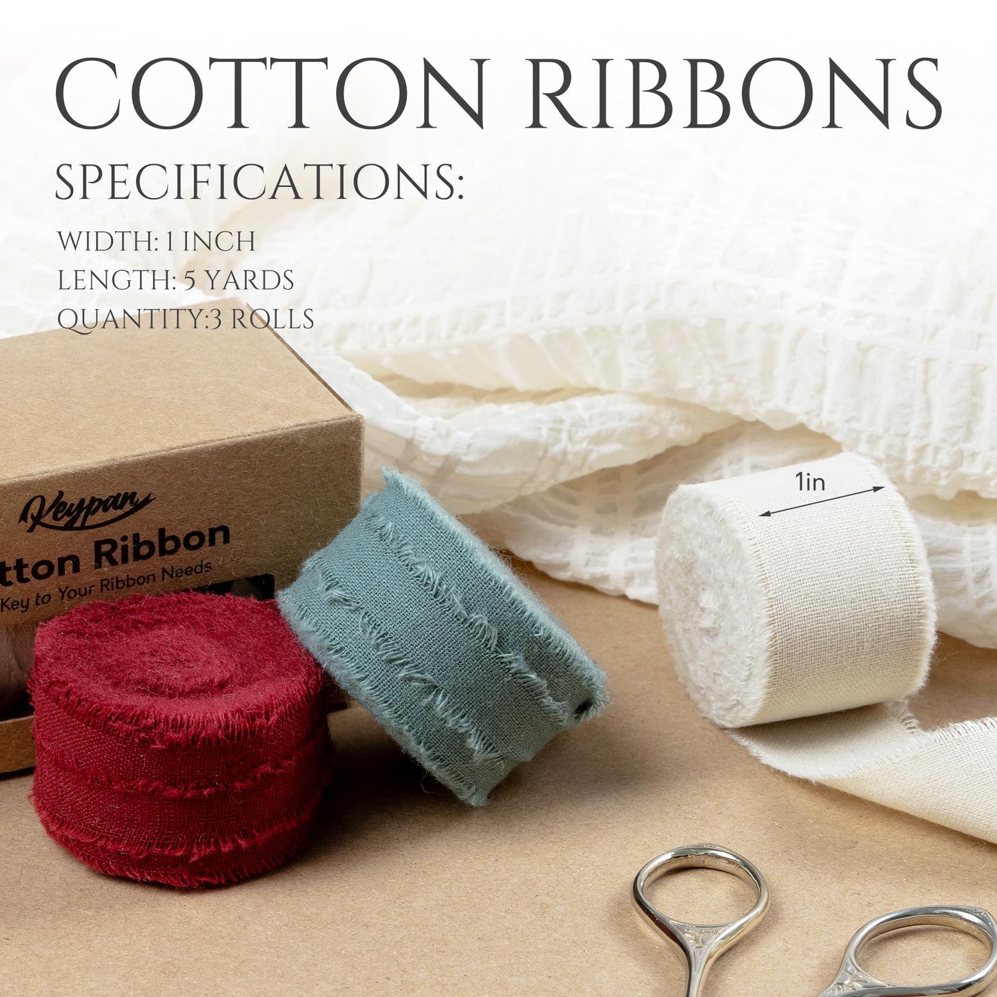 Keypan Christmas Ribbon Set 1" x 15 Yards with Frayed Fringe Fabric Cotton Ribbons for Gift Wrapping Wedding Invitations Flower Bouquet Baby Shower