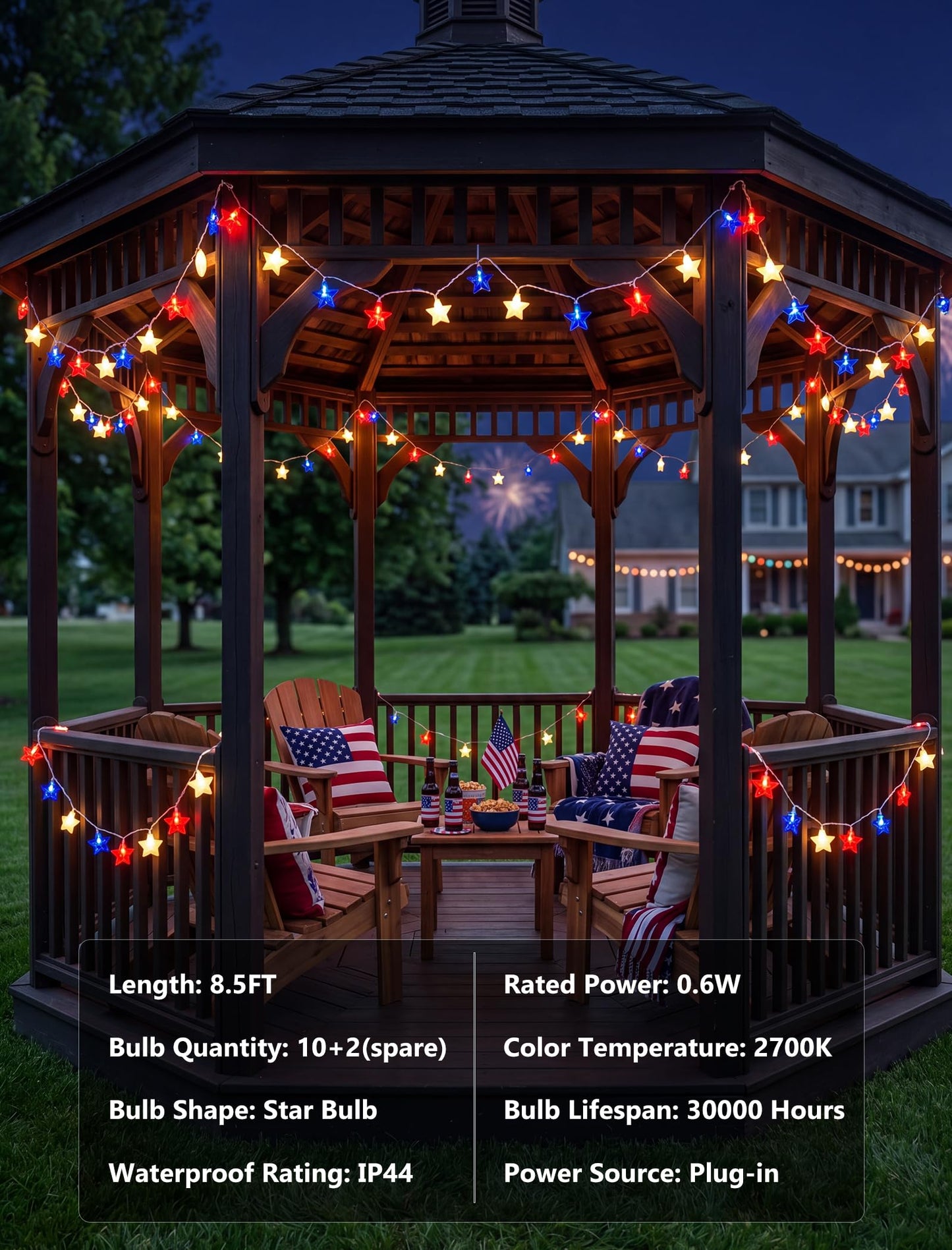 LED Red White Blue Star String Lights Plug in, 8.5Ft 4th of July Decorations Lights with 10 LED Star Light, Hanging Patriotic Outdoor Lights for Independence Day Window Home Patio Party Garden Decor