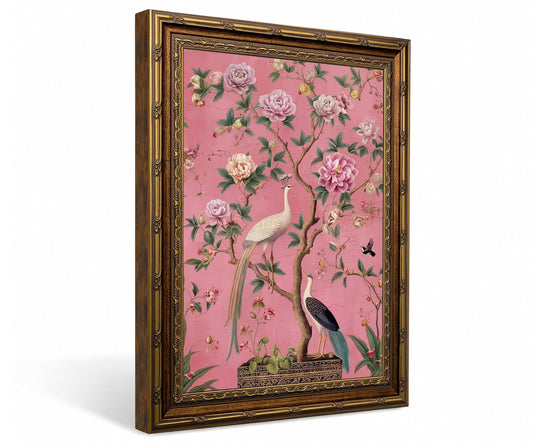 Framed Chinoiserie Floral Bird Wall Art Vintage Botanical Peony Painting Print, Maximalist Pink Flower Picture Wall Decor for Living Room Bedroom Bathroom, Poster Canvas 8x10 Inches