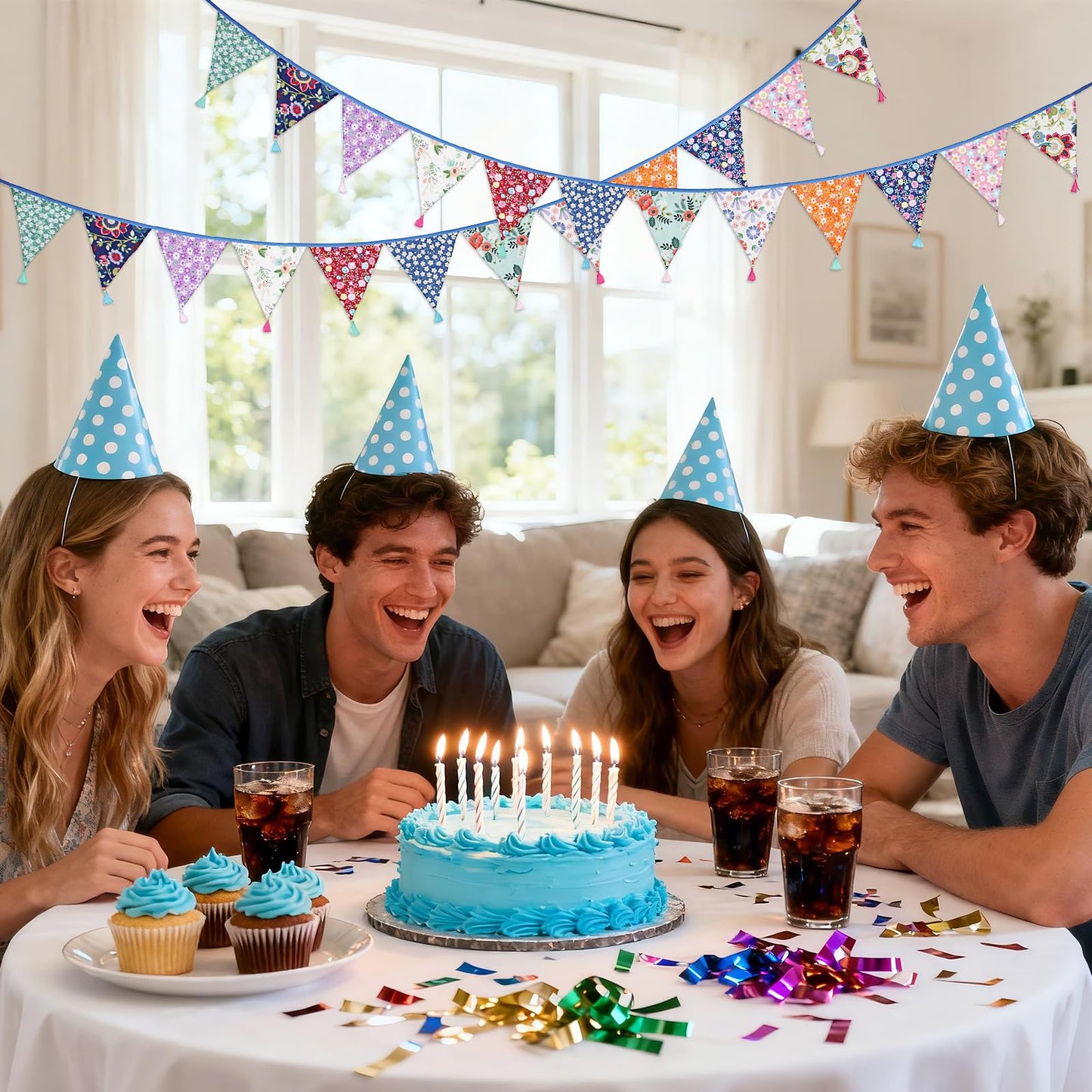 G2PLUS 10.8Ft Cotton Triangle Bunting Banner – 12pcs Multicolor Floral Fabric Pennant Flag with Tassels, Double Side Triangle Banner Garland for Weddings, Birthdays, Garden & Baby Showers