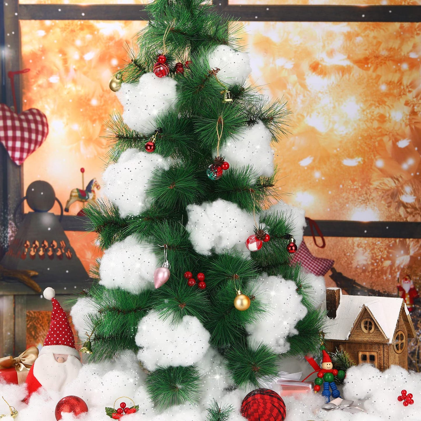 Sumind 2 Bags Fake Snow Decoration Fluffy Artificial Cotton Fiber Fluffy Fake Clouds Soft Blanket for Crafts Mantle Village Christmas Winter Indoor Home Decoration(Glitter Silver)