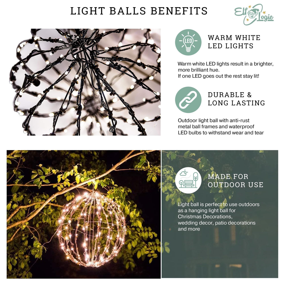 Elf Logic 3 Pack 16” Outdoor/Indoor LED Christmas Light Balls. Durable, Waterproof, Long-Lasting, Lightweight Bright Light Ball. Warm LED Lights for Holiday Decor, Patio, Wedding Decor