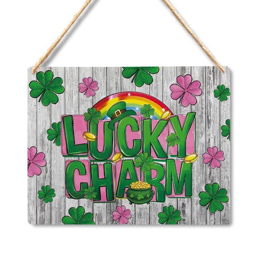 Absnfatu Lucky Charm St Patrick's Day Hanging Wood Sign 10x8, Irish Shamrock Clover Rainbow Wooden Hanging Plaque Wall Decor for Home Office