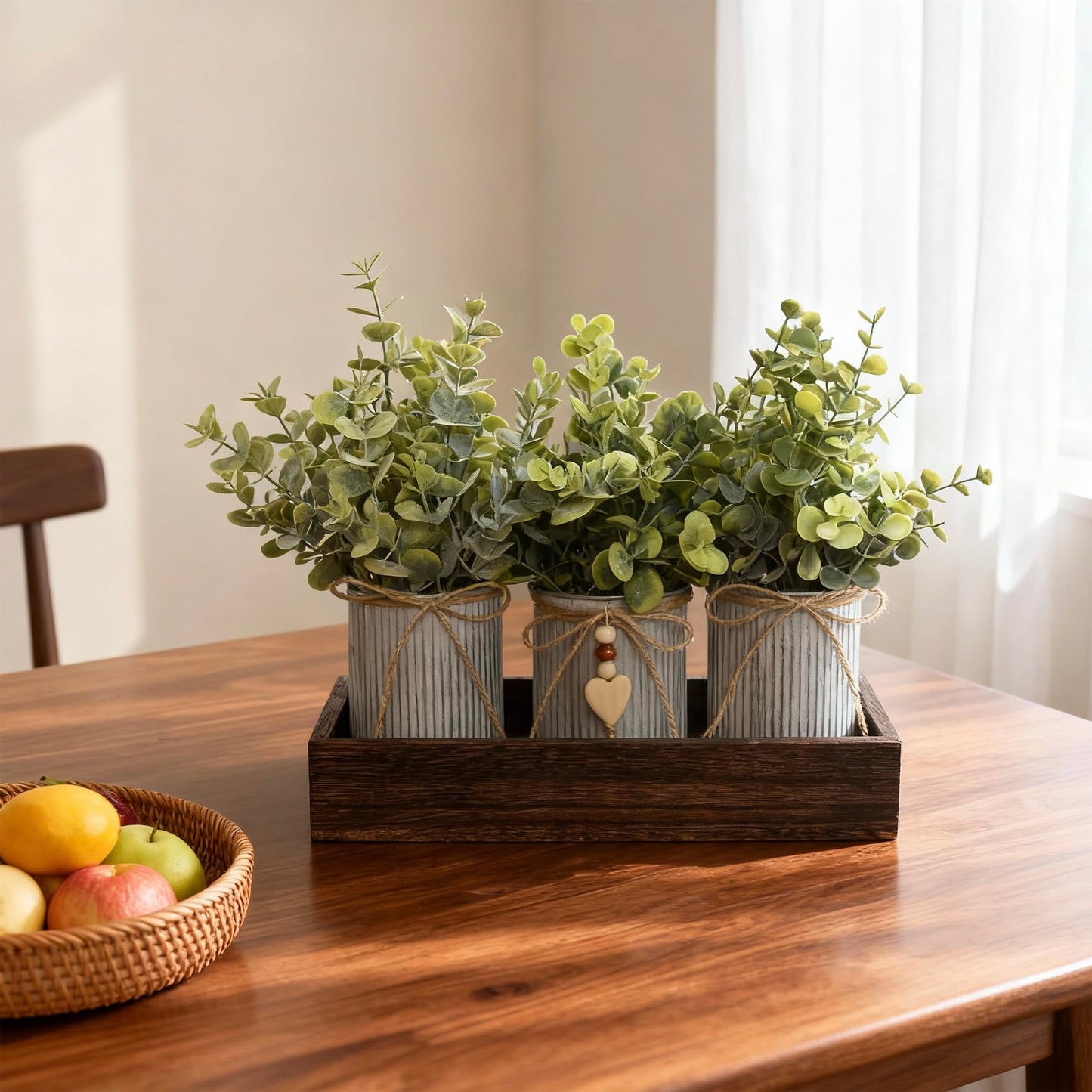 HEMYLU Artificial Flower Decorative Centerpiece, Frosty Green Eucalyptus Table Arrangement with 3 Rustic Metal Pots and Wood Tray for Farmhouse Home Décor