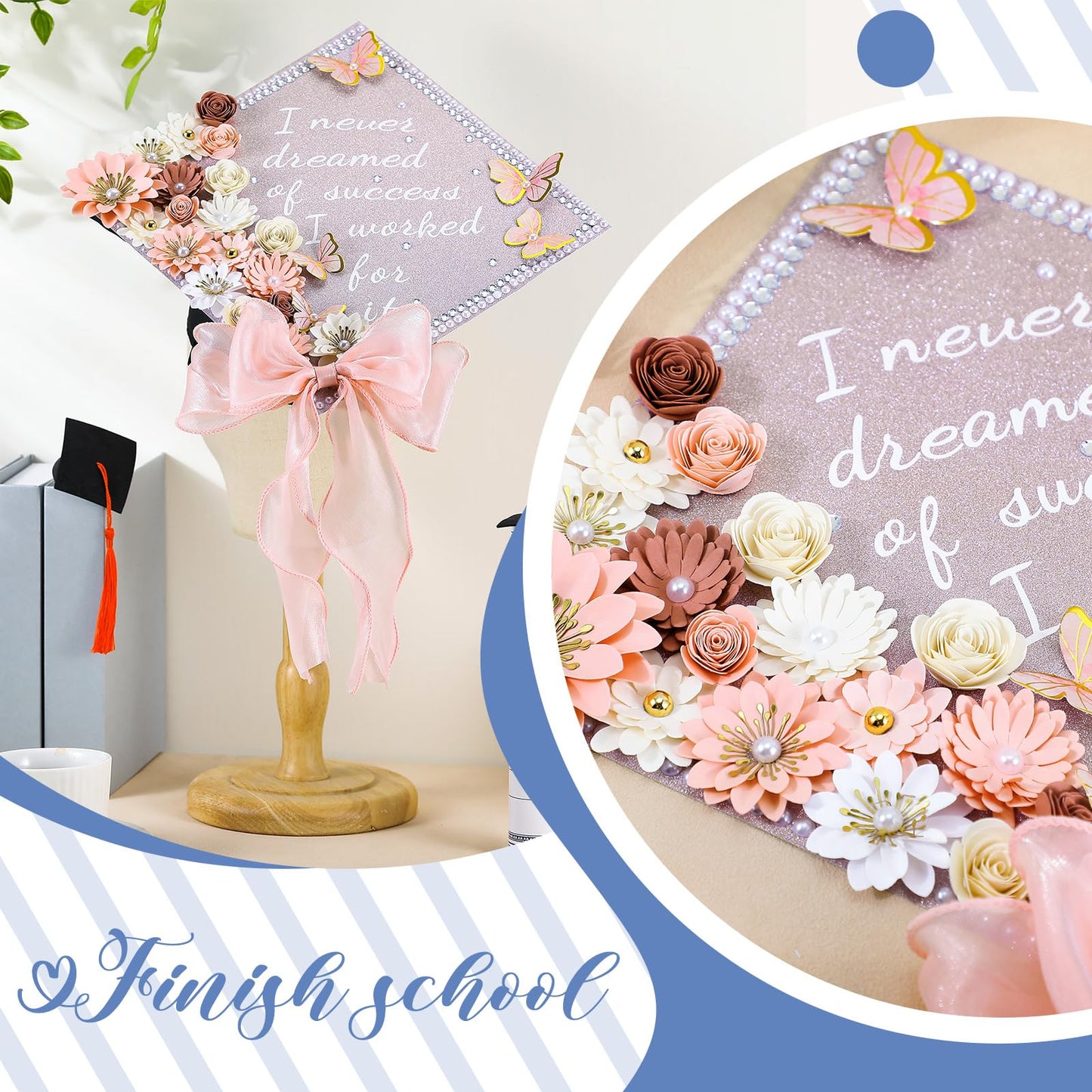 MotiMind 46 Pcs DIY Graduation Cap Decorations Kit Included Paper Flowers, 3D Butterfly Stickers, Rhinestone, Letter, Pearl Stickers, Mesh Ribbon Bow for DIY Grad Cap Decor(Pink)