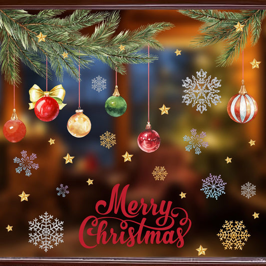 MEHOFOND Christmas Window Clings Stickers, 8 Sheets Xmas Balls Branches Snowflake Christmas Decorations, Xmas Window Decals Stickers for Home Shop Glass Windows, Winter Holiday Display Decor