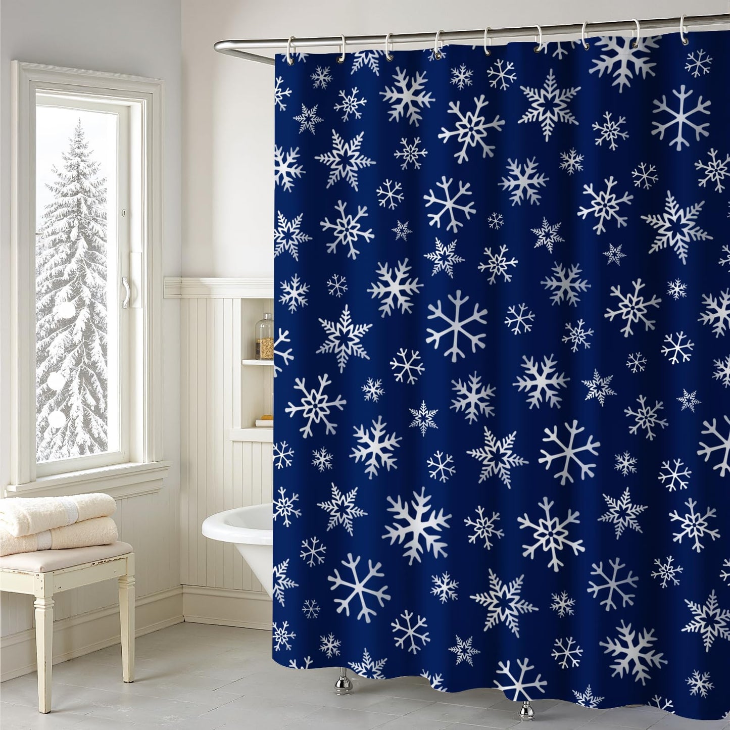 Christmas Shower Curtain: Blue White Snowflakes Christmas Bath Shower Curtain Set with Hooks, Serene Winter Snowflake Merry Xmas Fabric Bathroom Decorations for Home Farmhouse Window Indoor Decor