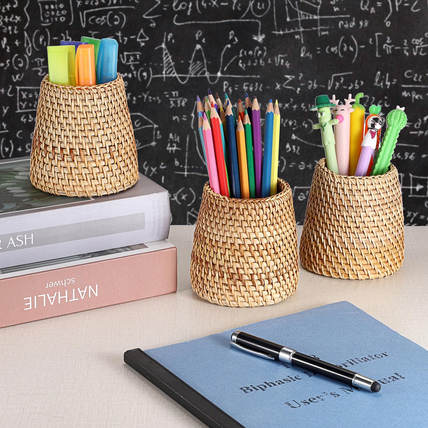 BTSKY 3 Pack Rattan Pen Cup, Handmade Desk Pencil Holders Makeup Brush Holder Multi-Functional Woven Basket Office&Home Desktop Organizer (Cone)