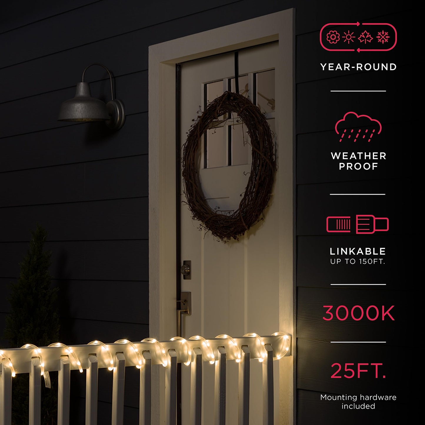 UltraPro LED Rope Lights, 25ft Classic Clear Rope, Warm White Light 3000K, Indoor/Outdoor, Flexible, Linkable, Durable, Rope Lights Outdoor, 54504