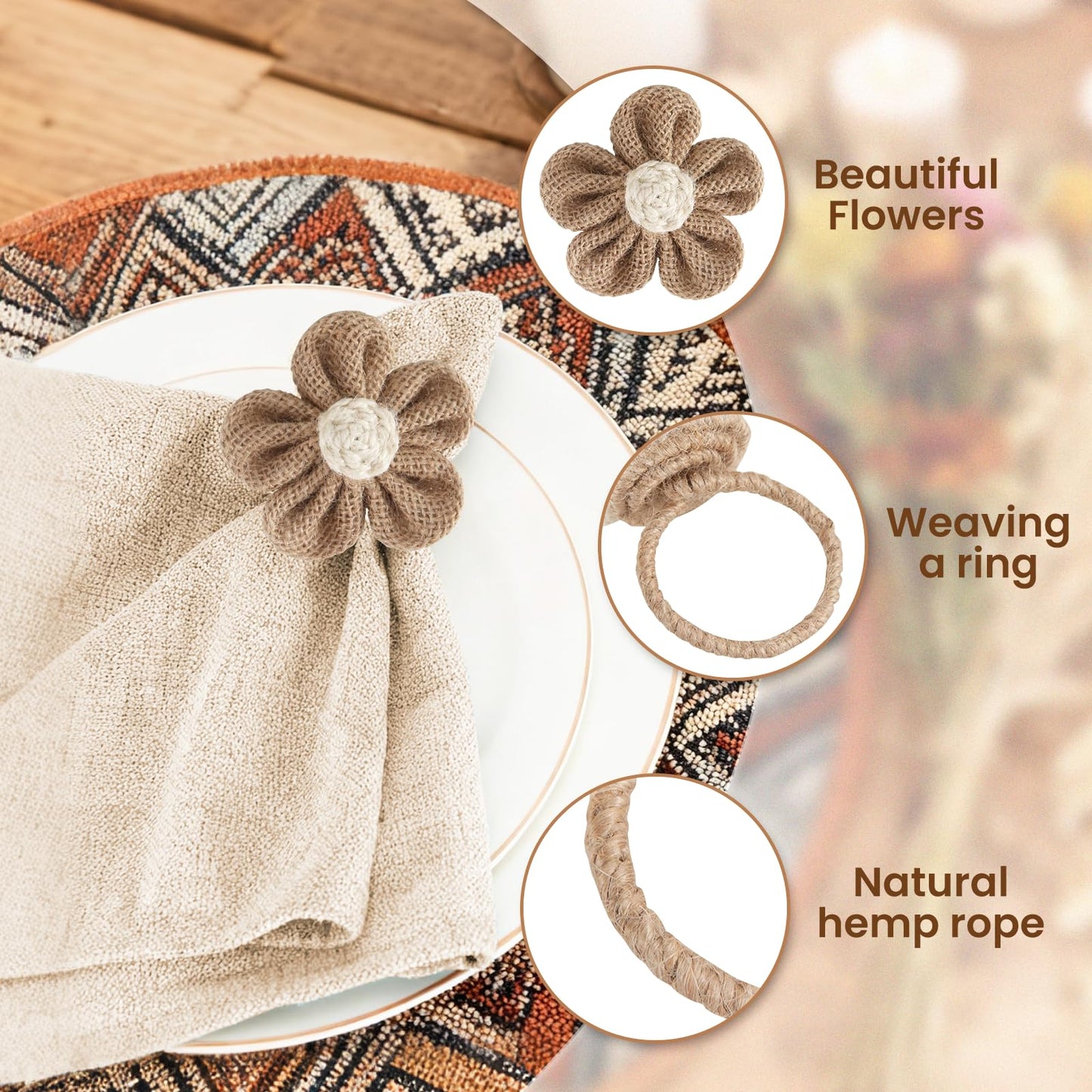 Napkin Rings Set of 12 Handmade Rustic Napkin Rings Reusable Boho Napkin Ring for Elegant Dining Table Decoration Perfect for Christmas, Thanksgiving, Wedding, Holiday, Everyday Use