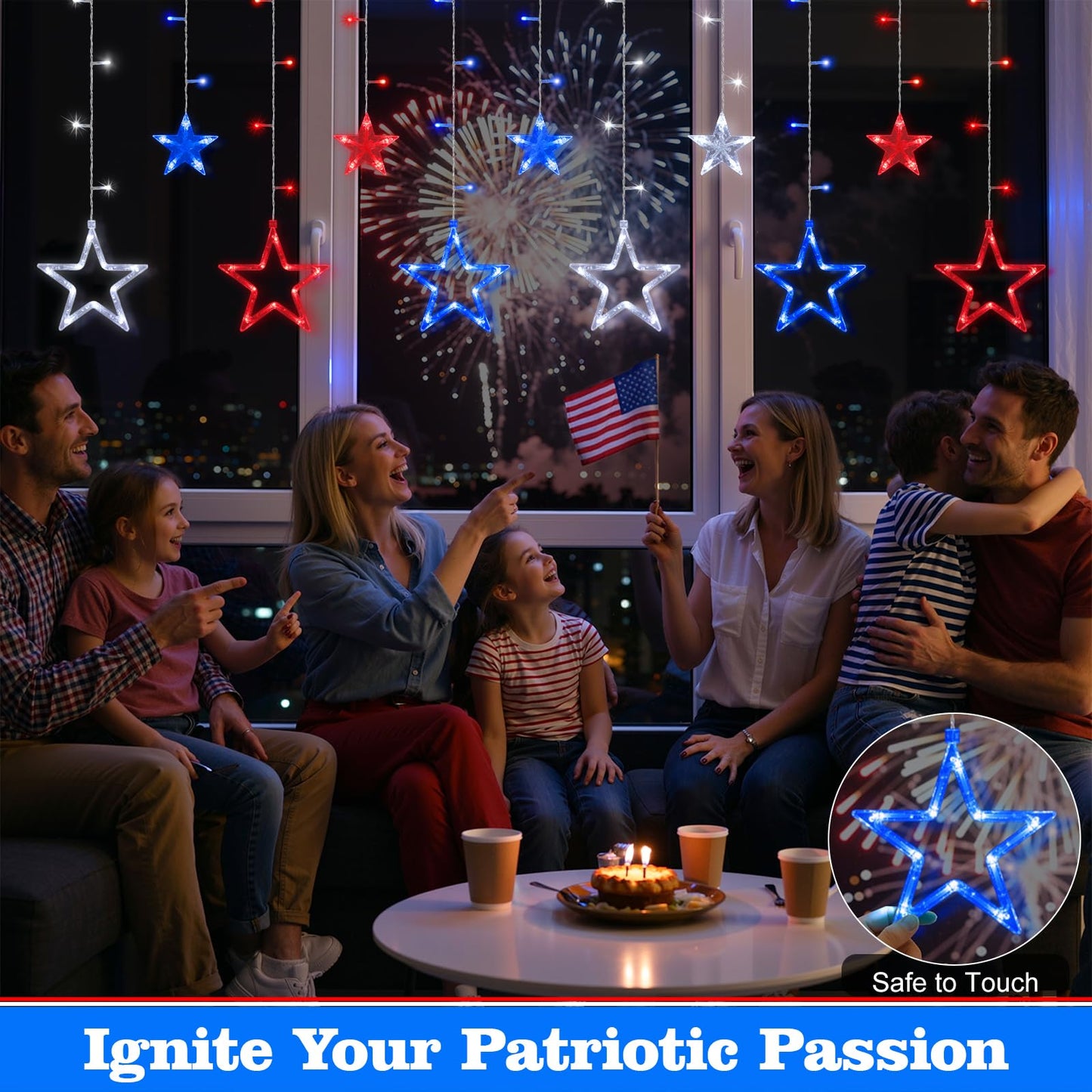Lewondr 4th of July Curtain String Lights, 11.5FT 138 LED Hanging Patriotic Star Icicle Lights with 6H Timer, 8 Modes, USB, Red White and Blue 4th of July Decorations for Independence Memorial Day