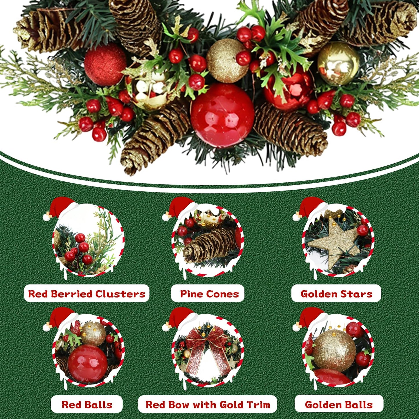 TXRXIZ 16 Inch Pre-Lit Christmas Door Wreath with Timer & Hanger & 50LED Warm Lights, Decor with Bow & Golden Ball & Star ect., Artificial Christmas Wreath for Door & Window & Fireplace