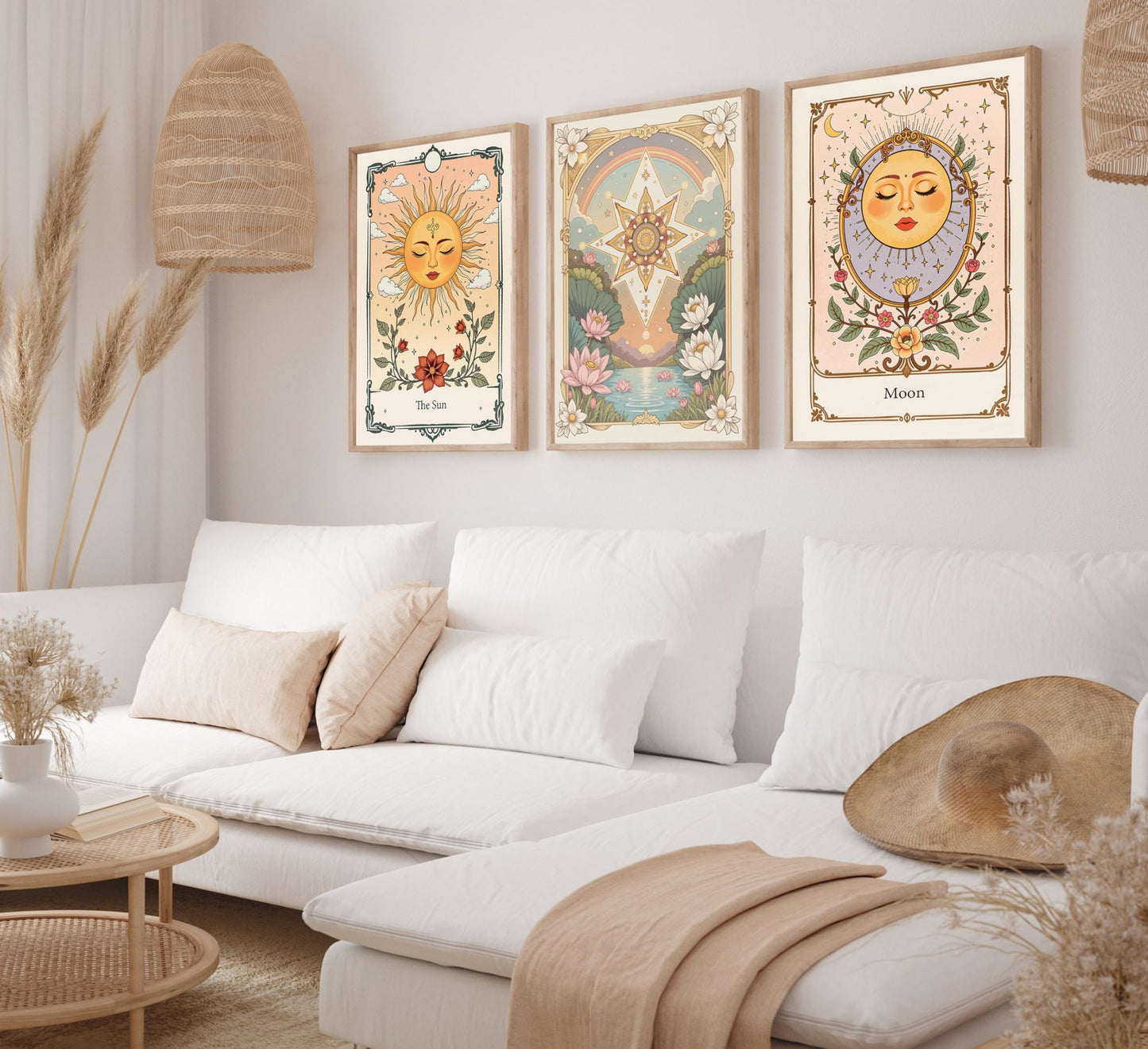 3pcs Sun And Moon Celestial Canvas wall art Tarot Astrology Paintings Pictures Wall Decor Boho Lotus Floral Posters Prints Artwork for Living Room Bedroom Dorm Apartment Home Decoration Unframed