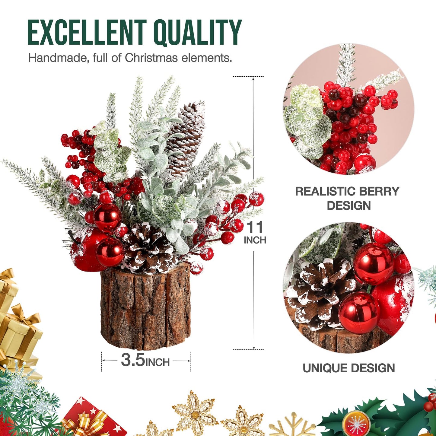 hatisan Small Christmas Tree, Artificial Christmas Tree with Christmas Ornaments Pine Cone Berry, Tabletop Christmas Tree for Christmas Decorations Home Room Party Winter Indoor Outdoor((Red-Round)