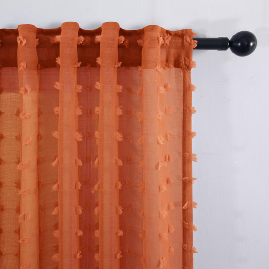 KOUFALL Boho Sheer Orange Curtains 2 Panels 96 Inches Long for Bedroom Pom Pom Back Tab Floor Length Bohemian Curtain for Living Room Burnt Rust Orange