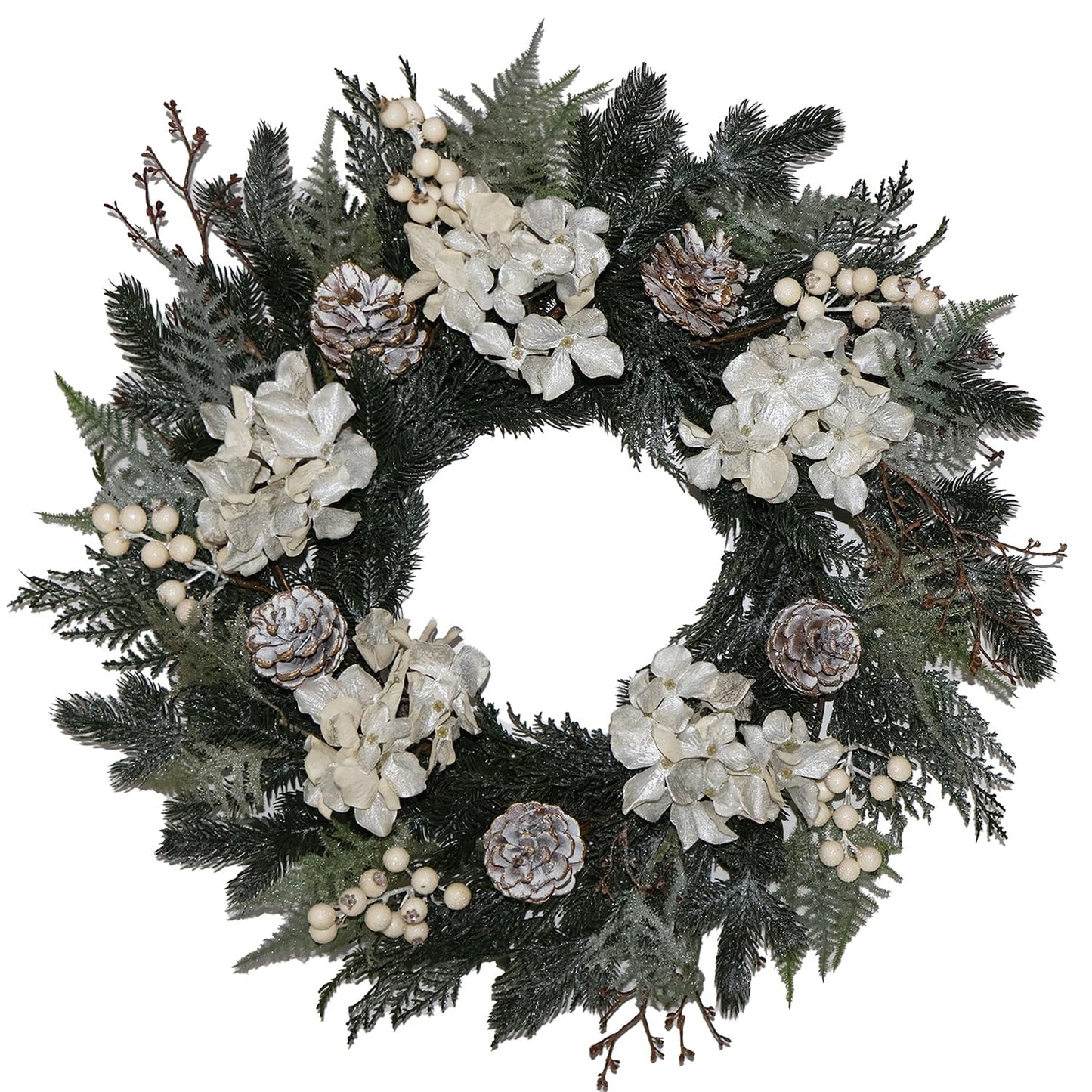 BINFEN 20” Glitter Pine Christmas Winter Wreath with Metallic Silk Hydrangea Pinecone & White Berry – Mixed with Norfolk Cypress Cedar & Spruce, Wreaths for Front Door Porch Mantel & Fireplace Decor