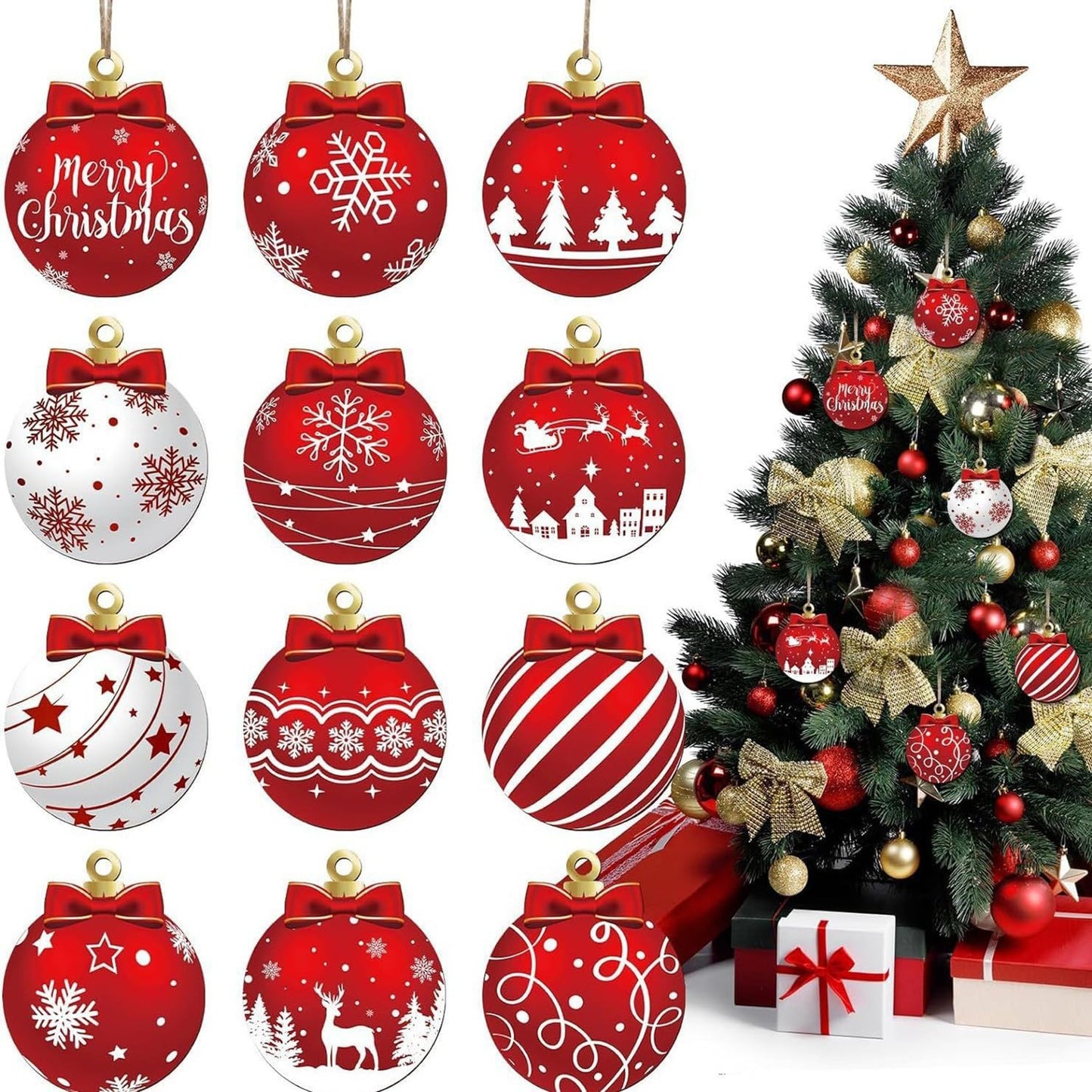 Christmas Tree Decorations Set, 12Pcs Wood Red & White Xmas Ball Hanging Ornaments with Merry Christmas, Bow, Snowflake, Elk and Star Design Winter Ornaments for Home Holiday Party Decor