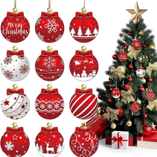 Christmas Tree Decorations Set, 12Pcs Wood Red & White Xmas Ball Hanging Ornaments with Merry Christmas, Bow, Snowflake, Elk and Star Design Winter Ornaments for Home Holiday Party Decor