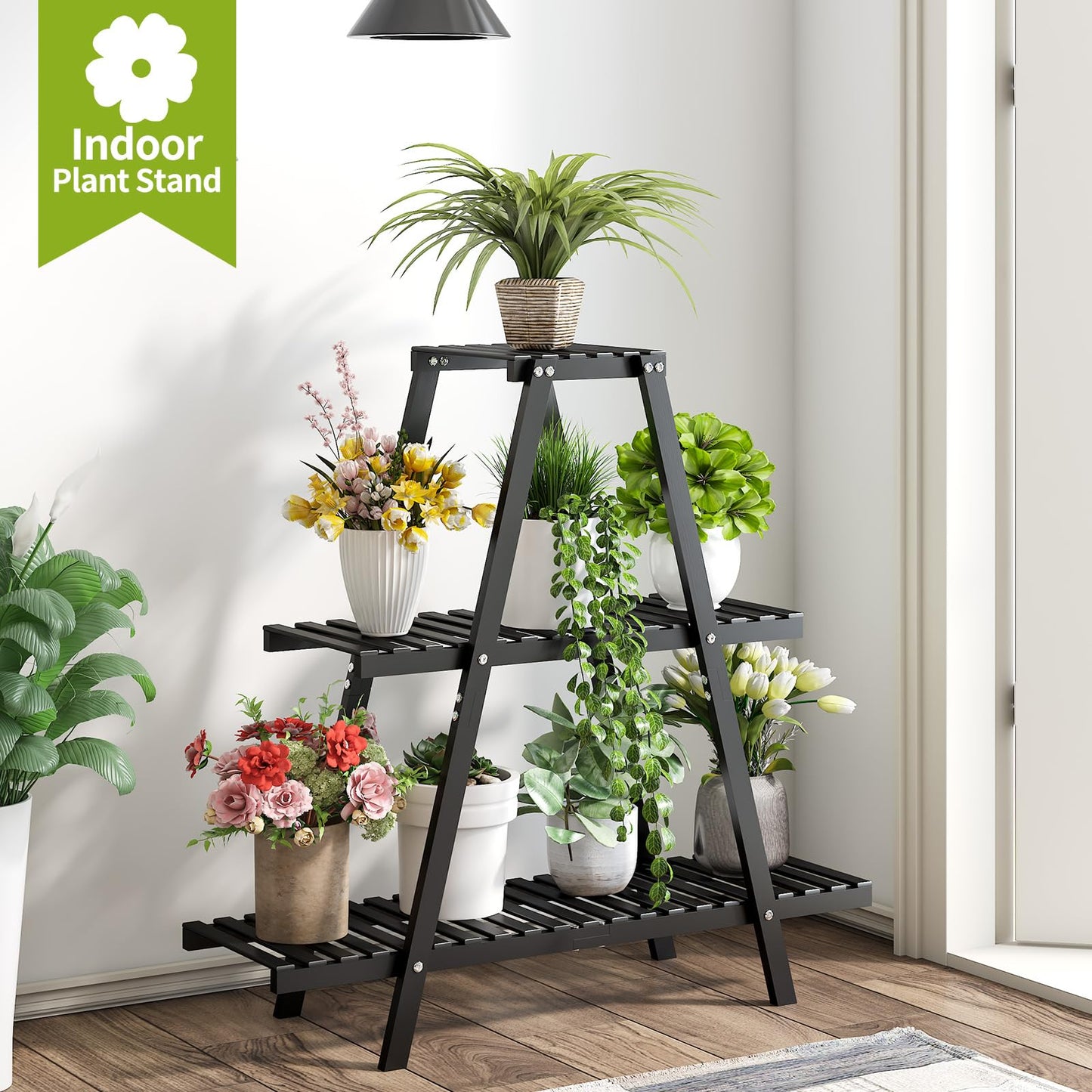 BMOSU Plant Stand Bamboo for Indoor Outdoor Tiered Plant Shelf 8 Potted Flower Holder Ladder Rack Garden Balcony Living Room Patio(3 Tier Black)