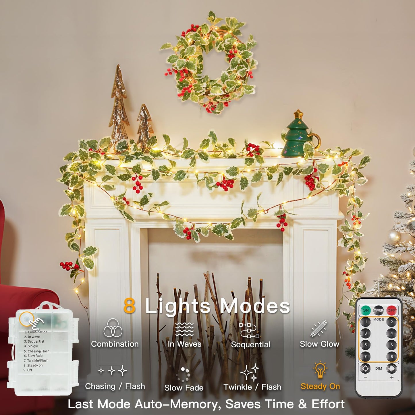 suddus 40 LED Christmas Fairy Lights Battery Powered,12.5ft Vine String Lights with Red Berries & Holly Leaf Timer Remote, Artificial Garlands for Fireplace, Bedroom,Porch,Door,Table,Stairs,Xmas Decor
