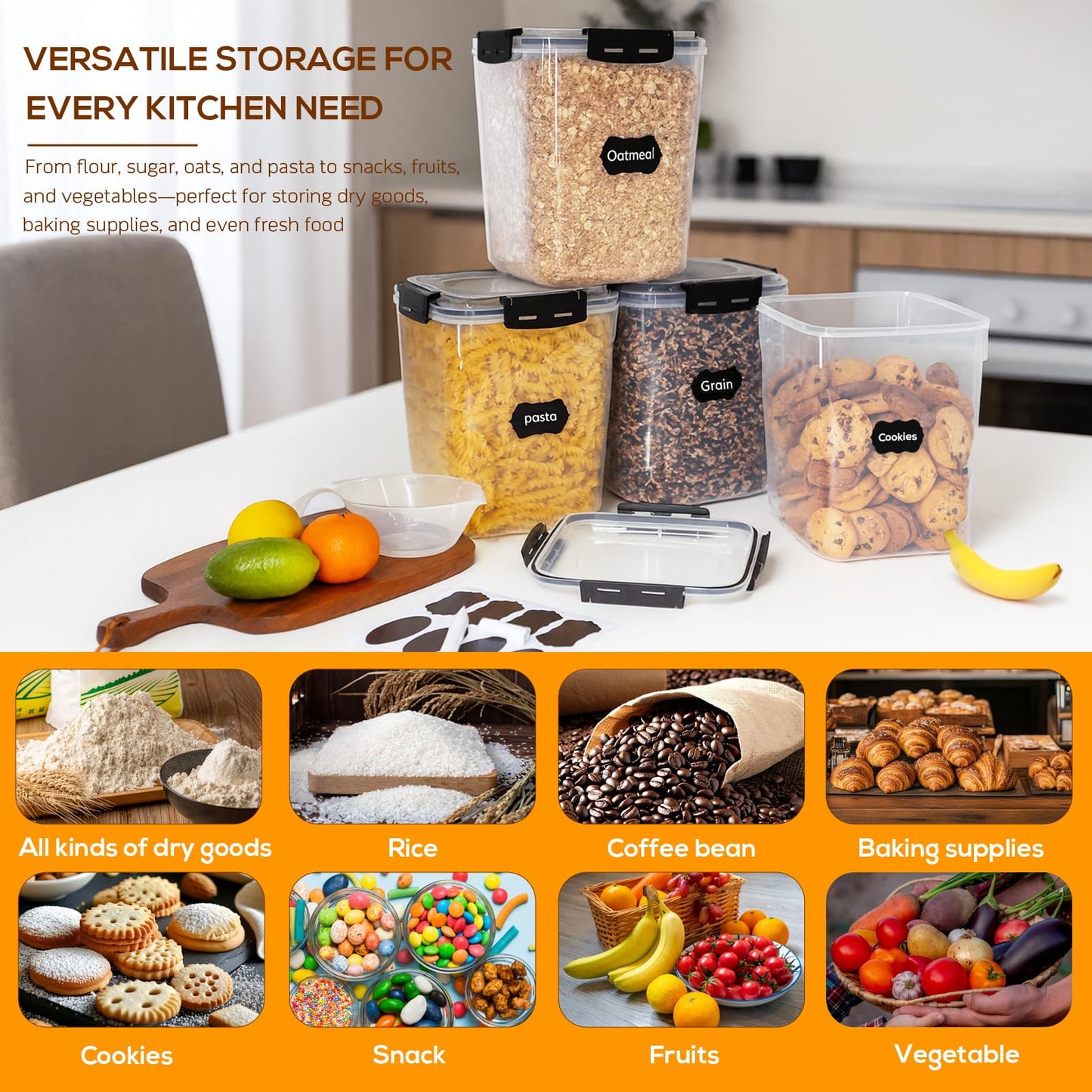 Large Thicker Food Storage Containers with Lids Airtight 5.3L/179Oz, 4pcs Plastic Pantry Storage Container for Dry Food/ Flour/ Sugar/ Pasta/ Cereal/ Baking Supplies, Canister for Kitchen Organization