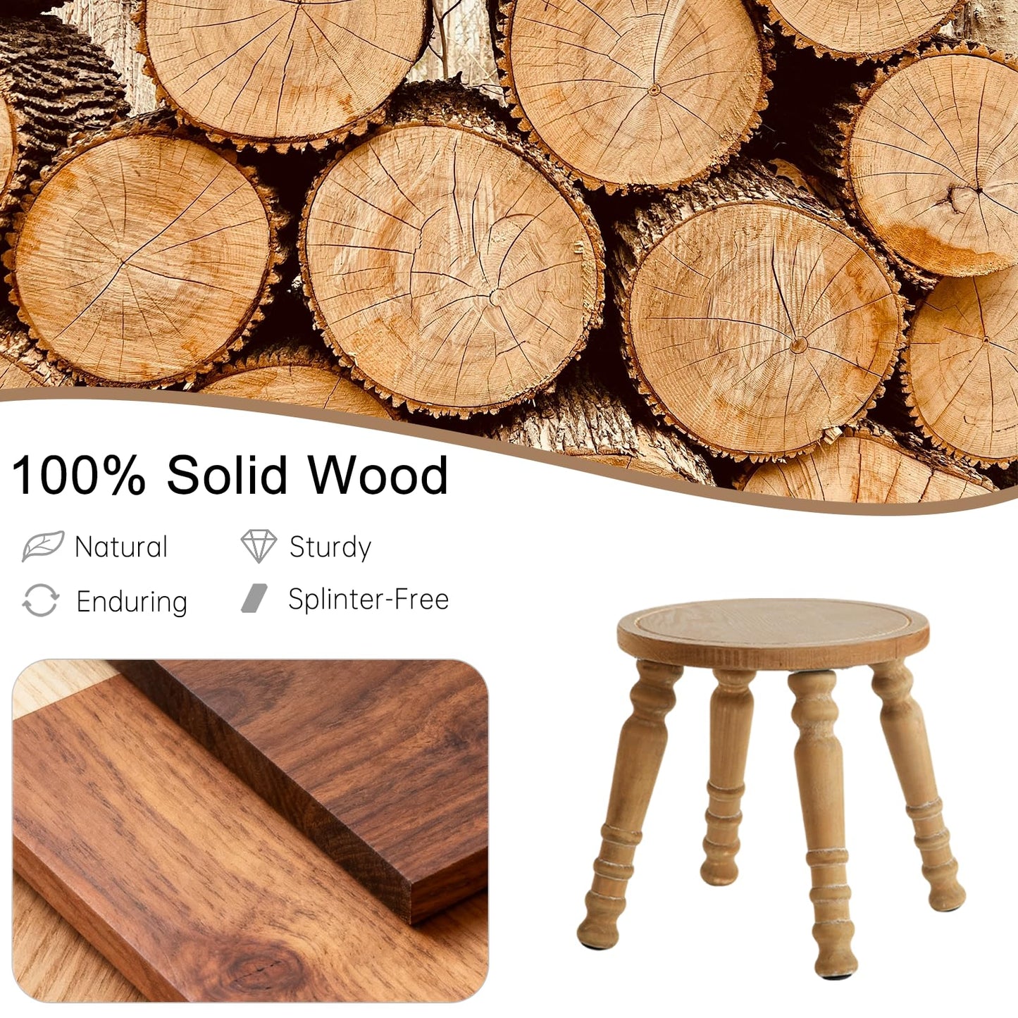 HuiDao 100% Solid Wooden Step Stool, Small Wooden Stool for Adults, Wood Plant Stools, Small Round Stool for Bathroom, Kitchen, Bedroom, Plant Stand