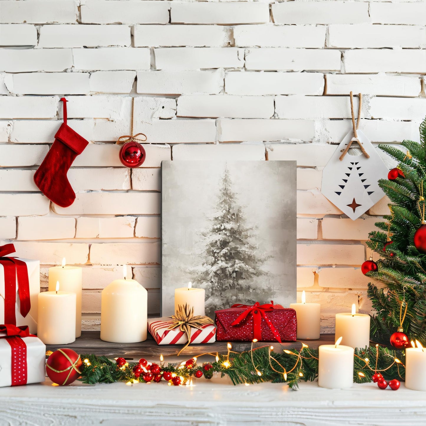 FISWAFY Christmas Tree Wall Art, Rustic Winter Snowy Christmas Tree Canvas Wall Art Prints, Christmas Wall Decorations, Christmas Poster Pictures Wall Decor for Home Office, 11x14 Inch Framed