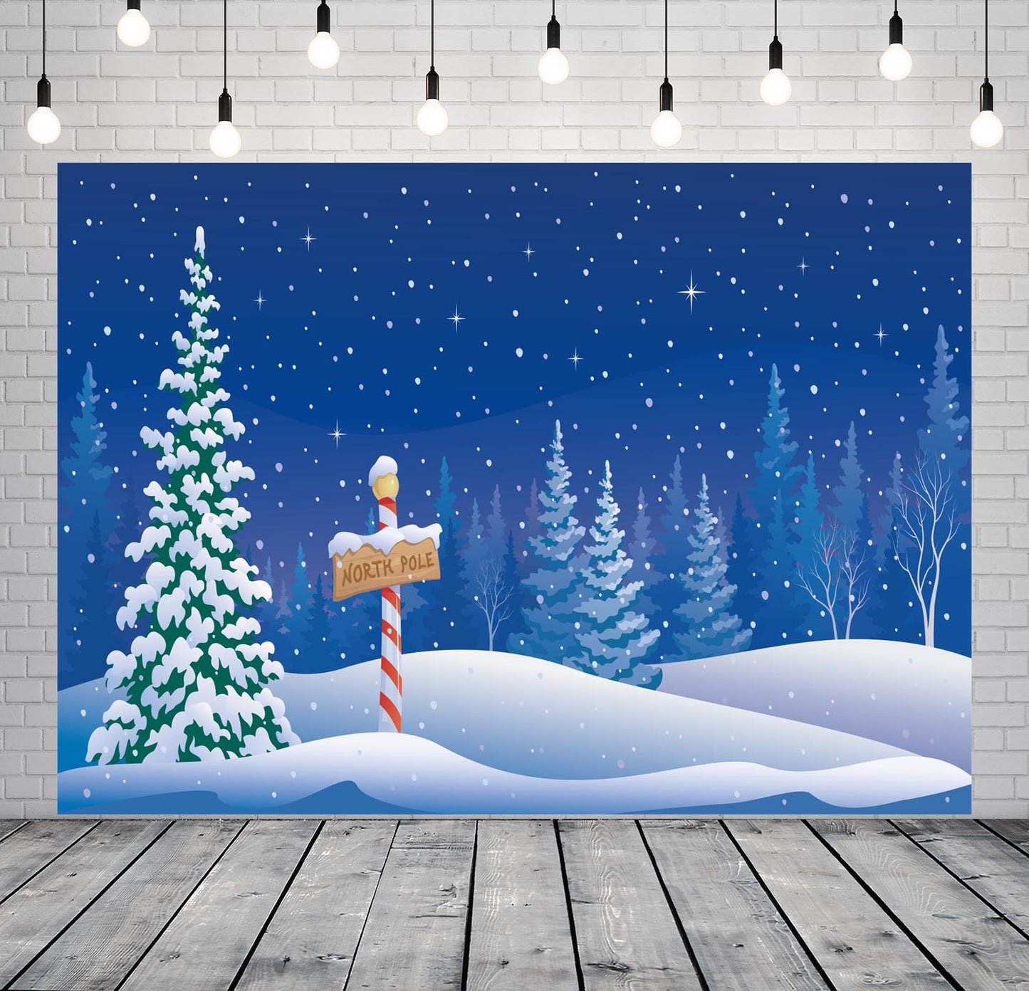BELECO 5x3ft Fabric Cartoon Winter Christmas Backdrop North Pole Snowing Forest Blue Starry Night Winter Wonderland Background Xmas New Year Theme Party Decorations Banner Photo Booth Studio Props