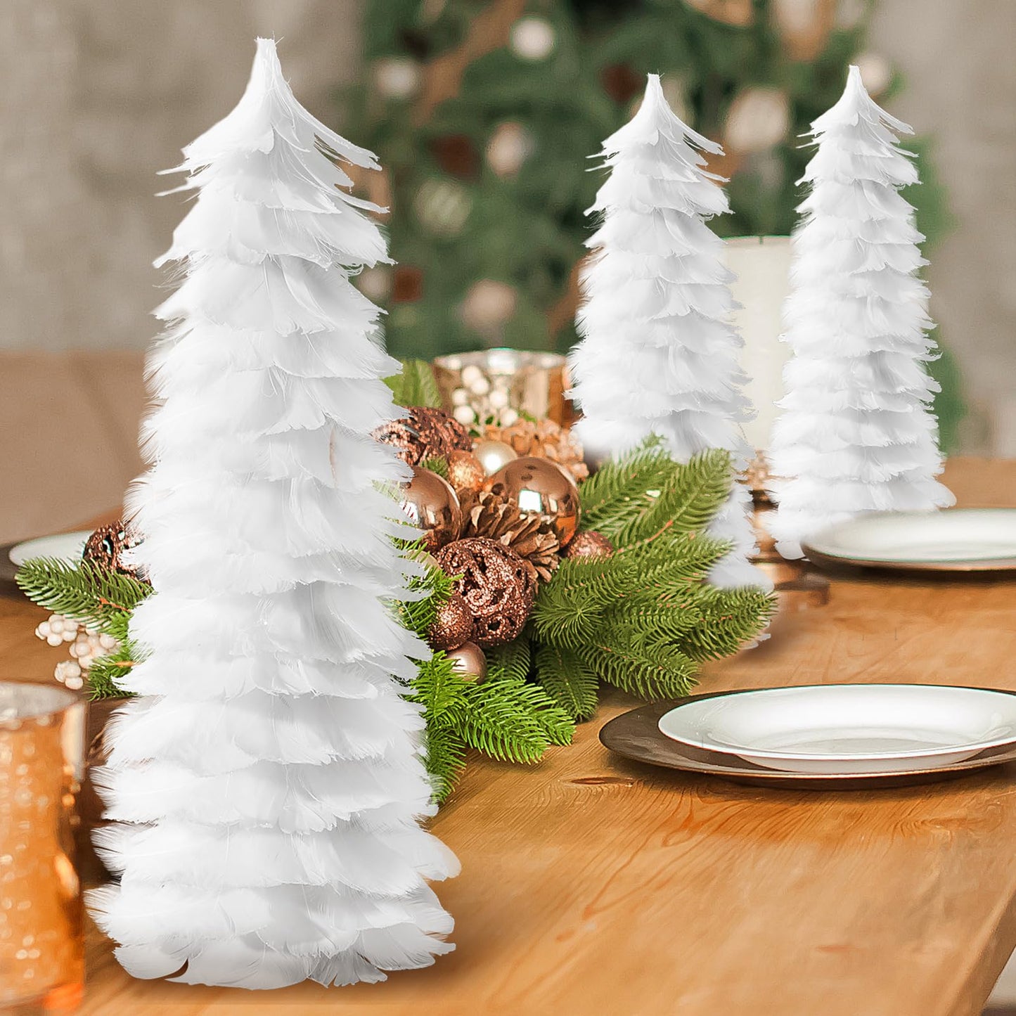 Liliful 4 Pcs Christmas White Feather Tree with Glitter Tips 12'' Table Top Feather Christmas Tree Xmas Trees Tabletop Decorations Centerpieces for Winter Wedding Party Shelf Home Decor