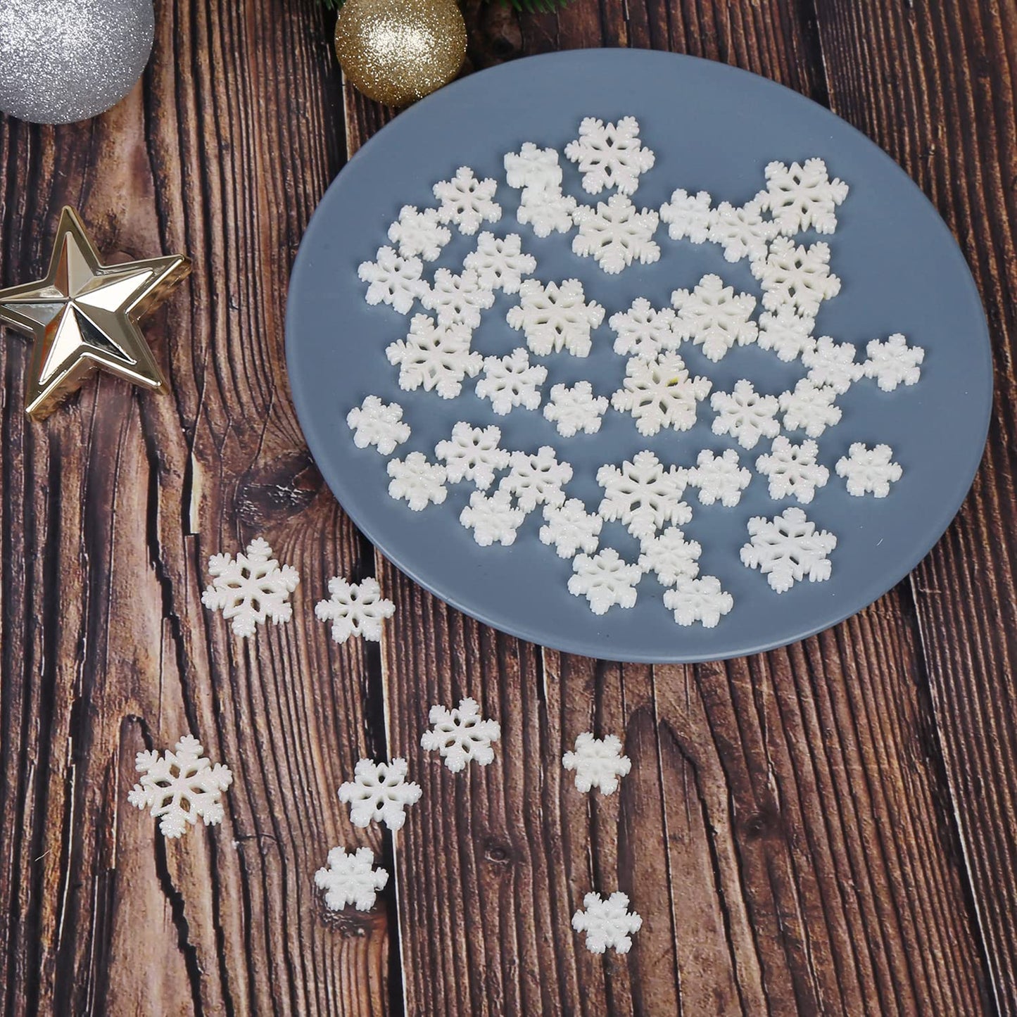FOIMAS Tiny Resin Snowflake Decor,48pcs White Glitter Snowflake for Christmas Embellishment DIY Craft Project Winter Wonderland Supply