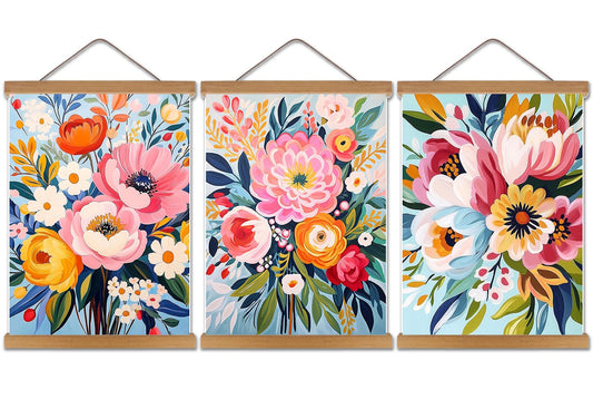 Colorful Flowers Posters Wall Art Set of 3 with Hanging Wooden Frame,Preppy Minimalist Canvas Wall Decor Prints,Vintage Beautiful Wildflower Artwork for Living Room Bedroom Bathroom Home Decor 12x16In