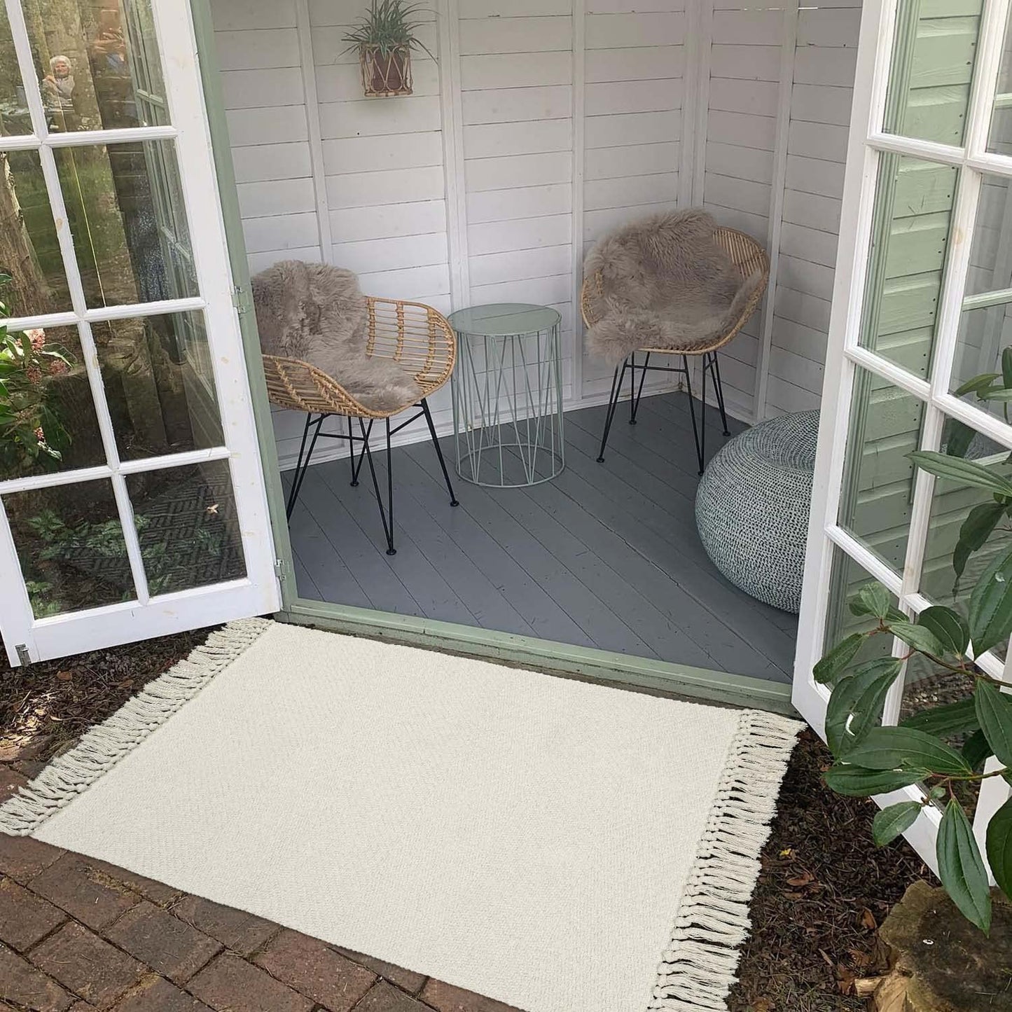 Collive Small Bathroom Rug, 2' x 3' Hand-Woven Low Profile Front Entryway Rug, White/Beige Cotton Reversible Washable Kitchen Mat Modern Farmhouse Carpet for Foyer Bedroom Back Door Decor