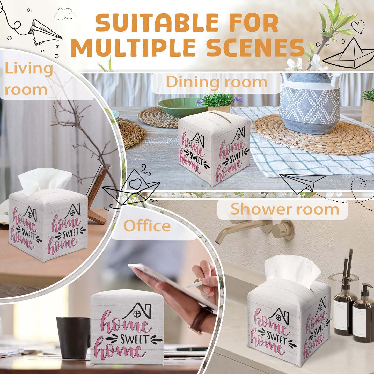 Home Sweet Home Tissue Box Cover, PU Leather Tissue Box Holder Square with Bottom Belt, Facial Paper Organizer Dispenser Toilet Paper Holder for Bathroom Kitchen Office Decor-A22