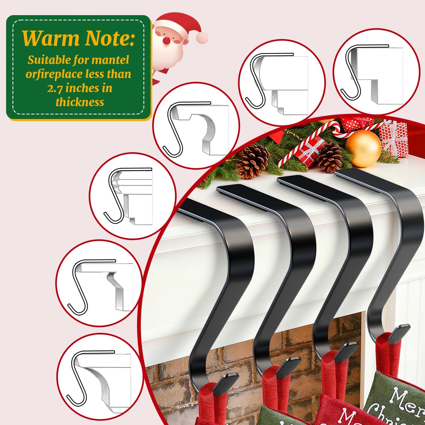 Christmas Stocking Holders for Mantle Set 4, Non-Slip & Scratch-Free Stocking Holder for Fireplace Christmas Decorations, Upgrade Lightweight Mantle Stockings Hangers Hooks for Xmas Decor (Black)