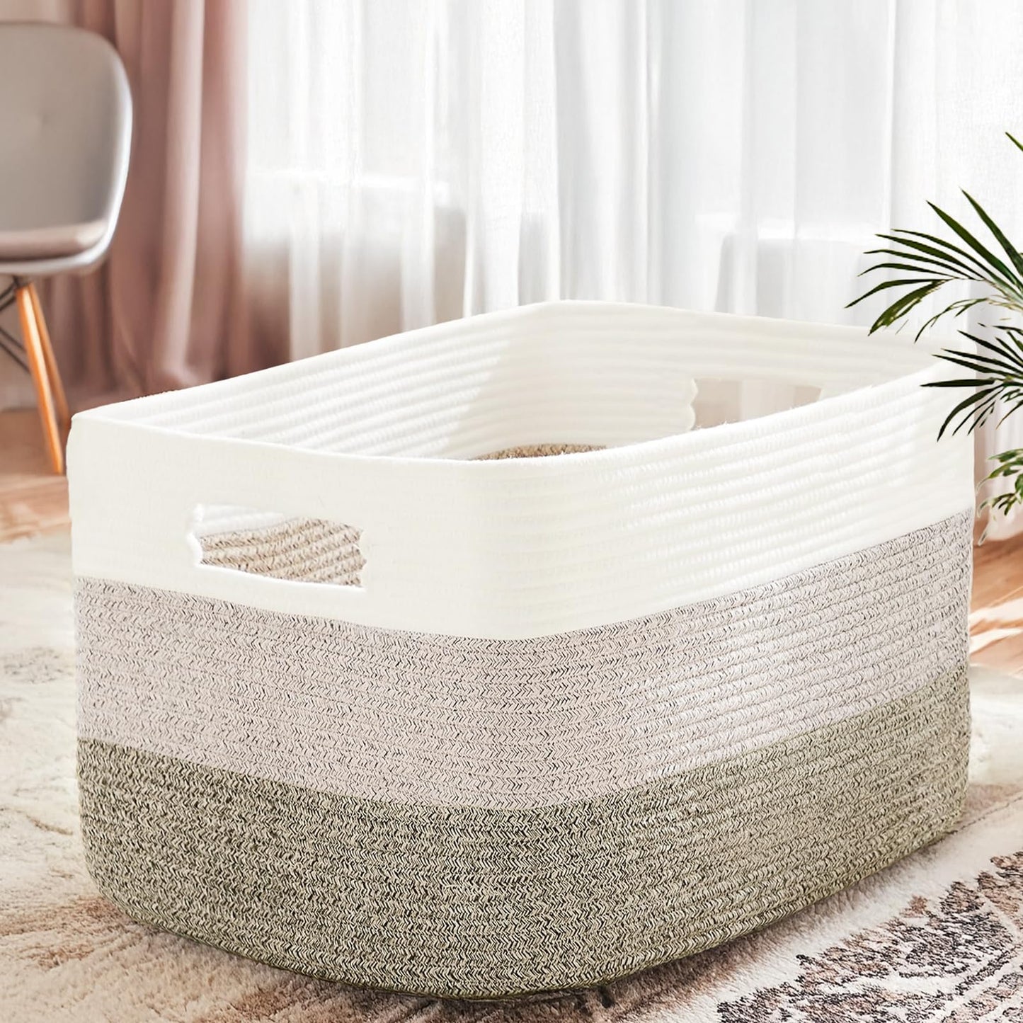 JGNYMG Cotton Rope Basket,Large Blanket Basket for Living Room,Woven cotton rope laundry baskets，For Bathroom Dirty Clothes ，Nursery Toys，pillow storage organization, 72L，Brown and white.