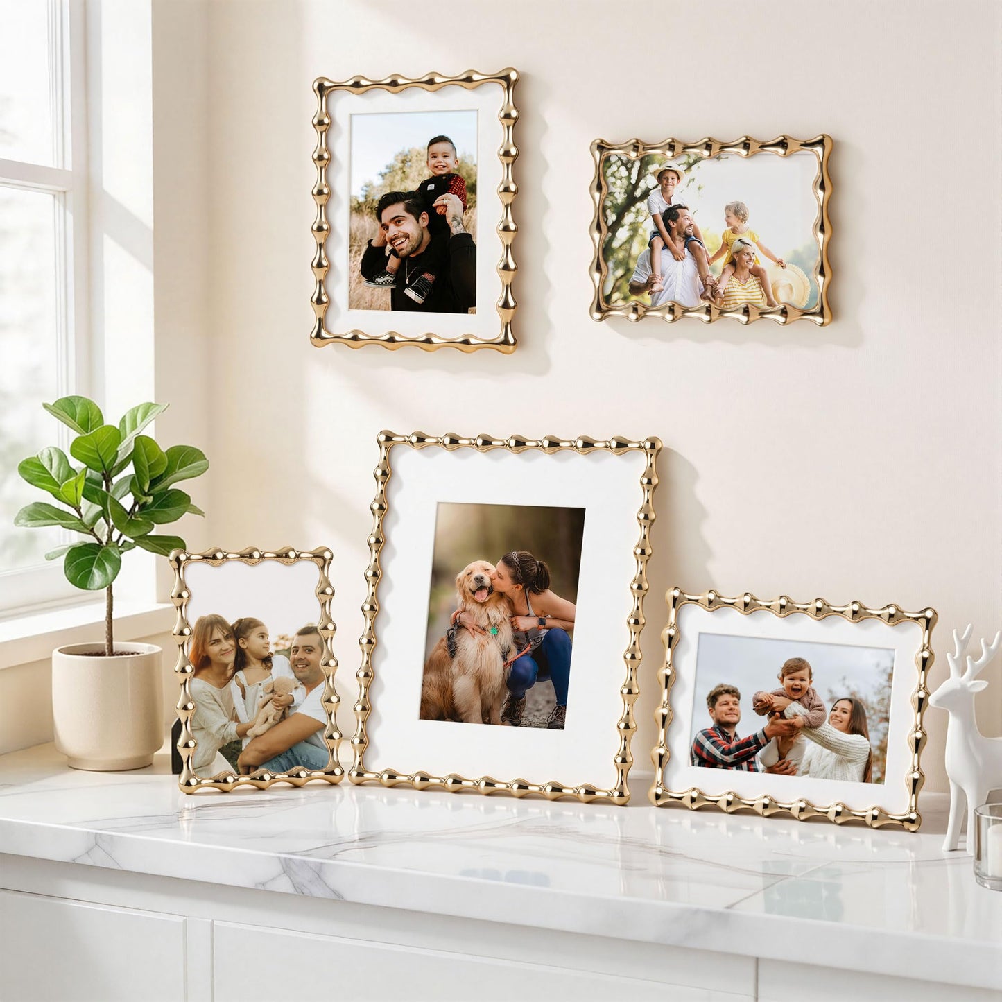 RICHFOCUS 4x6 Gold Picture Frame, Modern Zinc Alloy Photo Frame with Water Droplet Design, Mat for 3x5 Photo, Heavy Duty Metal Frame with Tempered Glass & Velvet Back for Tabletop & Wall Decor