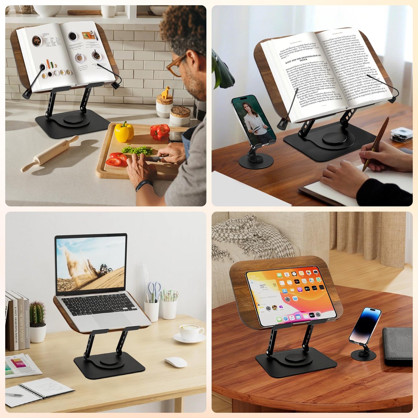 Diesisa Book Stand for Reading: Wooden Book Holder with 360° Rotating Metal Base - Adjustable Book Holder Stand with Elastic Clips for Cookbook, Recipe, Magazine, Laptop,Tablet, for Kitchen, Office