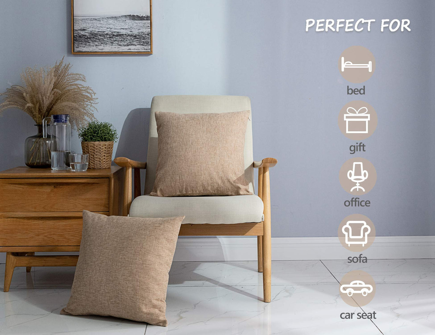 Stellhome Linen Throw Pillow Covers Square Solid Farmhouse Burlap Cushion Covers for Bed Couch Sofa Bench, 16 x 16 inch (40 cm), Natural Linen, Set of 2