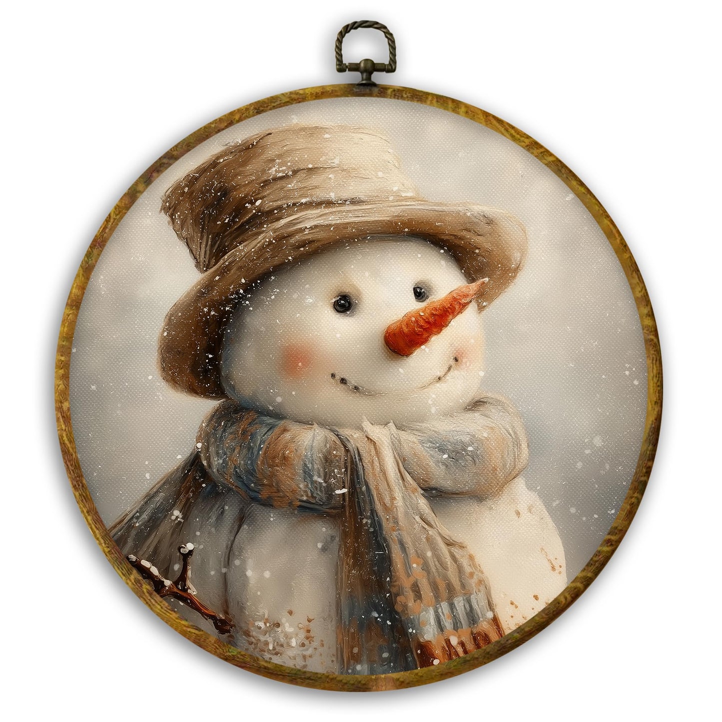 CUANFDDSF Rustic Christmas Snowman Round Wall Art, Christmas Winter Snowman Framed Hanging Wall Decor, Farmhouse Cozy Xmas Winter Canvas Prints Decorations for Home Bedroom Living Room, 10x10 Inch