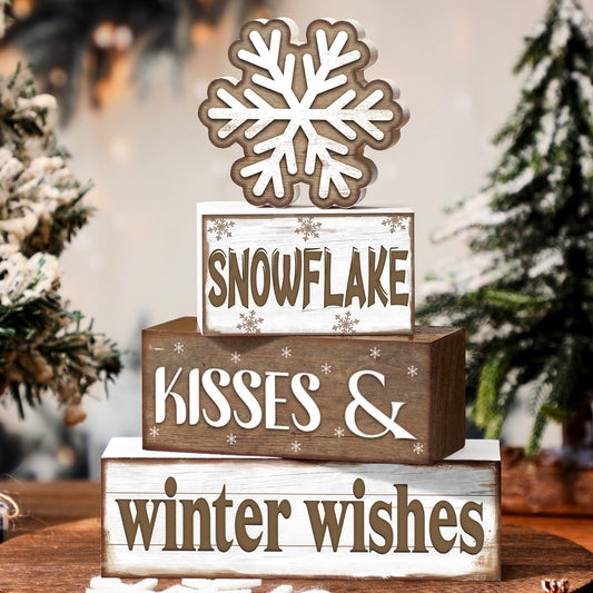 Huquary 4 Pcs Winter Table Decorations Snowflake Tiered Tray Decor Baby It's Cold Outside Sign Christmas Centerpiece Snow Block Signs Table Decor Winter Tabletop Signs(Warm Style)